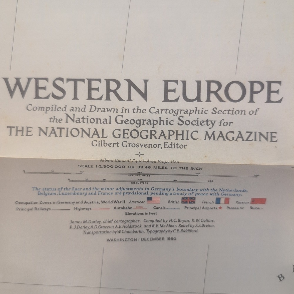 Vtg 1950 National Geographic Western Europe Map WWII Occupation Zones 37x28.5 - Picture 2 of 2